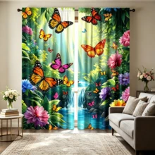 2 piezas Cortinas semitransparentes con paisaje de bosque y cascada natural, material de poliéster, con bolsillo para barra, estilo moderno, lavables a máquina, adecuadas para dormitorio y sala multiusos - Multicolor 5 - Ver 9