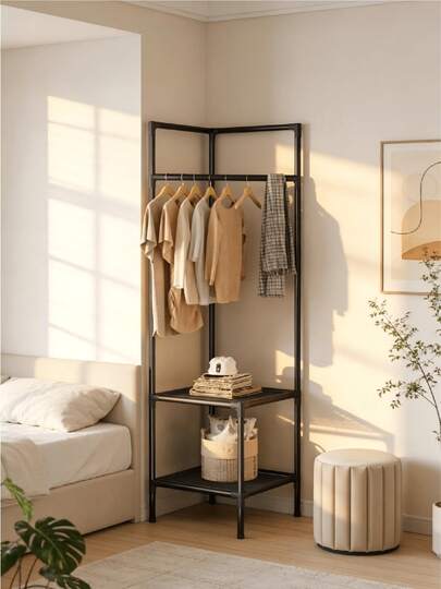 Corner Garment Rack, Heavy-Duty Anti-Rust Metal Freestanding Clothes Organizer With Multi-Tier Storage Shelves & Hanging Rod, Space-Saving Corner Coat Storage For Bedroom Entryway Apartment, Ideal For Adults Garments Bags Hats Shoes