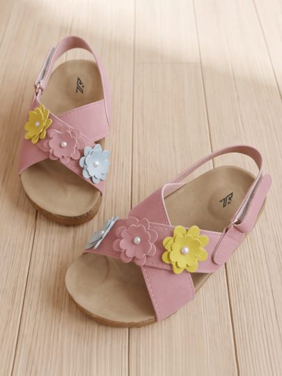 2026 Pink Floral Sandals For Girls, Country Gentle Style Kids Sandals, Suitable For Daily Wear And Various Occasions
