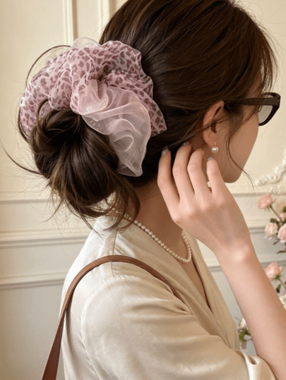 1pc Korean Two-Tone Spliced Leopard Polka Dot Tulle Scrunchie, Elegant Hair Tie For Daily Commute Low Ponytail