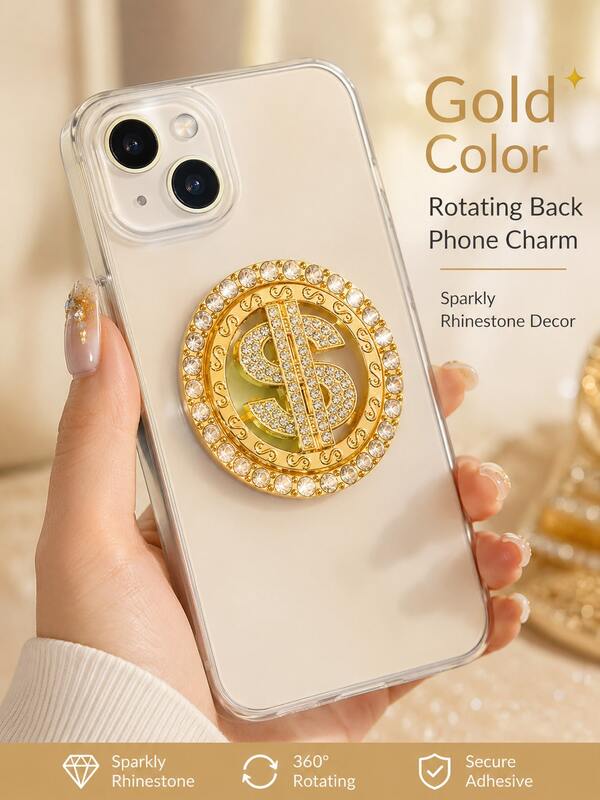 1 pieza Pegatina decorativa de aleación con strass para la parte trasera de la funda del teléfono, accesorio giratorio redondo con encanto en oro/plata, pegatina decorativa DIY con signo de dólar para la funda del teléfono, adecuada para la mayoría de las fundas de teléfono, partes traseras de teléfono, modificación de artículos pequeños y decoración personalizada, accesorio de teléfono diario con estilo de strass brillante