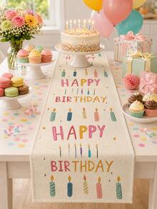1件裝生日快樂桌巾－可水洗亞麻桌布，適合生日派對，室內廚房桌用，氛圍感生日長桌巾，廚房室內外桌飾與節慶慶祝桌飾 - 彩色 - 查看 4