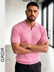 Men's Solid Color Casual Versatile Commute Knit Short Sleeve Top - Pink - View 9