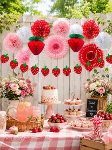 1 Set 22pcs Strawberry Theme Paper Party Decorations, Including Strawberry Hanging Decor And Backdrop, Suitable For Birthday Party, Holiday Celebration, Dessert Table And Summer Party Decoration - Strawberry Theme - View 6