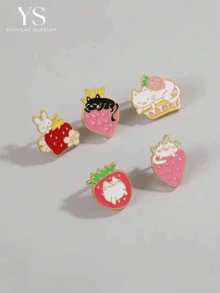 5件套时尚可爱锌合金珐琅草莓兔胸针套装，百搭胸针配饰礼品 - 多色(5件套) - 查看 1