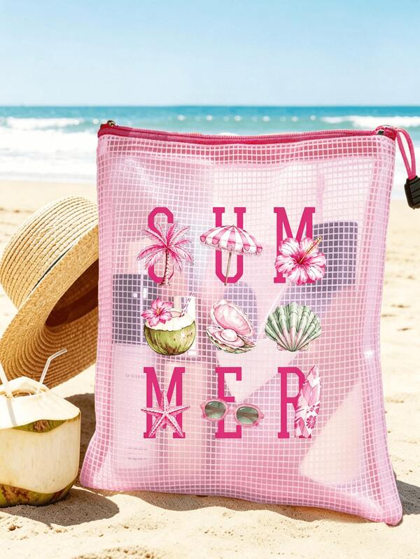 "Summer" Letter Print Fashionable Waterproof PVC Beach Bag, Coconut Shell & Pearl Pattern Print - A4 Size, Transparent Makeup Bag With Nylon Zipper, Ideal For Swimming, Diving And Summer Vacation - Lightweight, Suitable For All Ages And Genders, Beach Bag Accessory, Travel Essential, Holiday Essential, Holiday Travel Bag