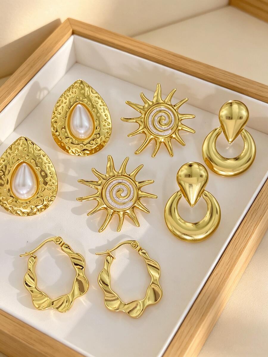 金色不鏽鋼耳環套組,金色琺瑯白色向日葵花珍珠耳環,優雅水滴珍珠耳釘,花瓣紋理花卉飾品,海灘耳環,適合日常通勤、派對、婚禮等不同場合 - 彩色 - 查看 1