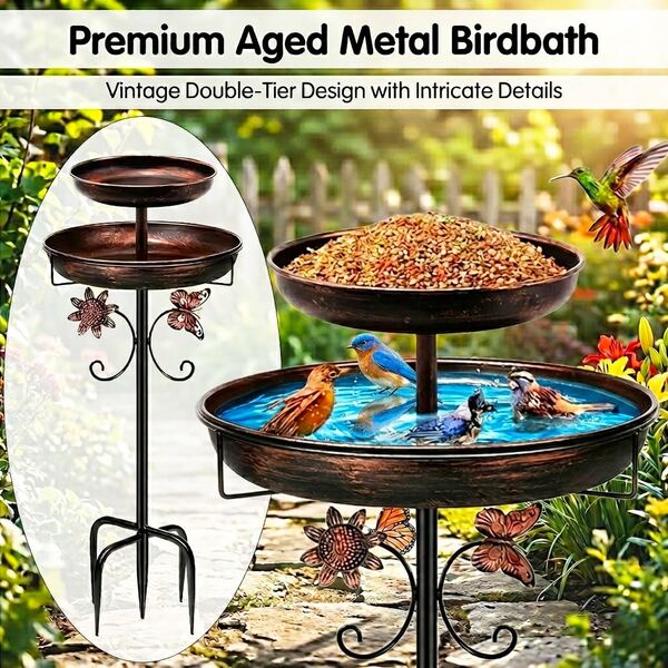LDQ 45 Inch Heavy-Duty Metal Double-Layer Bird Bath Tub -9.85 Feet Plus 12 Inches Double-Layer Large Capacity Water Collection Feeding Basin, 5-Claw Stable Base, Durable, Courtyard Decoration, Easy To Install And Clean, Multifunctional Bird Feeder