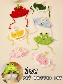 1pc Handmade Knitted Pet Hat, Dog/Cat/Frog Shape, Polyester Fiber Material, Fun Party Costume Headwear, Suitable For Small Cats - Multicolor - View 2