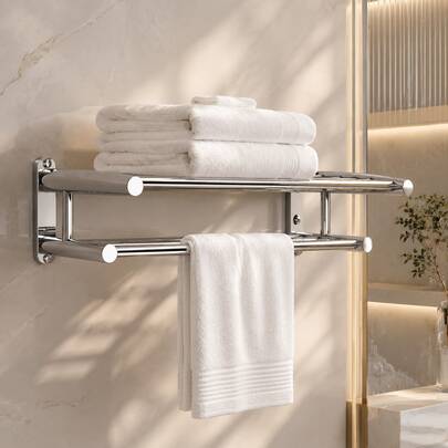 1 pieza Toallero Doble Nivel de Acero Inoxidable 304 para Baño, Estante Organizador de Pared con Barra Inferior para Colgar Toallas, Diseño Reforzado Resistente al Óxido, Instalación con Tornillos, Ideal para Hogar y Hotel