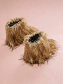 Girls' Khaki Brown Long Fur Snow Boots, Thick Warm Anti-Slip Soft Sole Autumn/Winter Boots - Brown - View 5