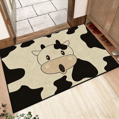 1PC Cute Cartoon Cow Spotted Floor Mat, Multi-Scenario Foot Mat For Home, Entryway Door Mat, Bathroom Mat, Simple Black And White Cow Print Easy To Clean, INS Cream Style Suitable For Bedroom And Balcony, Multiple Sizes Available, Soft Decor Carpet