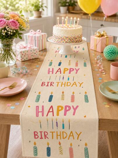 1pc Happy Birthday Table Runner, Washable Linen Tablecloth, Suitable For Birthday Party, Indoor Kitchen Long Table, Atmospheric Birthday Long Table Runner, Kitchen Indoor/Outdoor Dining Table Decoration, Holiday Celebration Table Decor