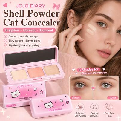 JOJO DIARY Corrector de 3 colores con diseño de gato de dibujos animados, proporciona un efecto de maquillaje de base de larga duración, cubre ojeras, surcos lagrimales y otras imperfecciones, mientras ajusta el tono de la piel, creando fácilmente un look de maquillaje impecable y ligero