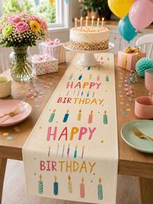 1件裝生日快樂桌巾－可水洗亞麻桌布，適合生日派對，室內廚房桌用，氛圍感生日長桌巾，廚房室內外桌飾與節慶慶祝桌飾 - 彩色 - 查看 2