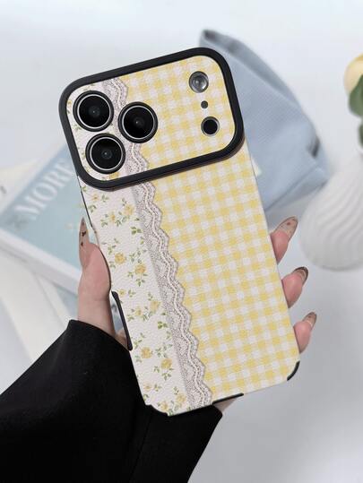 1pc Fashionable Personalized Yellow Plaid Lace Ditsy Floral Combination Pattern Full Coverage Classic Anti-Drop Premium Texture Grain PU Leather Soft Large Window New Full Coverage Phone Case Suitable For Friends, Family, Couples, Yourself Birthday Gift, Holiday Gift, Compatible With IPhone17/IPhone17Pro/16/15/14/13/14/12/11 Series