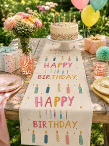 1件裝生日快樂桌巾－可水洗亞麻桌布，適合生日派對，室內廚房桌用，氛圍感生日長桌巾，廚房室內外桌飾與節慶慶祝桌飾 - 彩色 - 查看 8