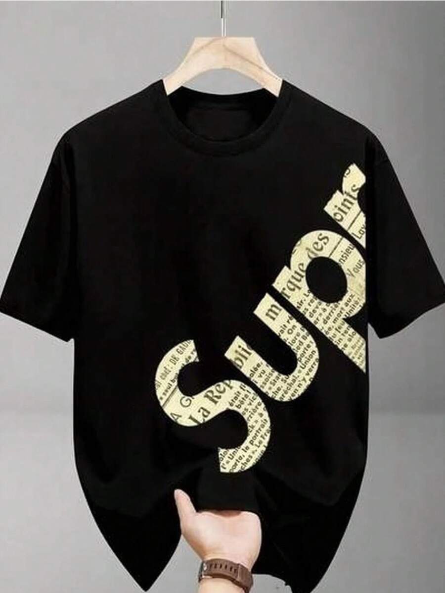 Fashionable Casual Short-Sleeved T-Shirt With Cupid Angel Print And Lettering, For Summer - Hitam - View 1