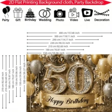 1件 50歲生日派對背景布幔－聚酯纖維材質，黑金亮片氣球設計，適用於50週年慶祝－多功能攝影背景，室內外裝飾 - A - 查看 3