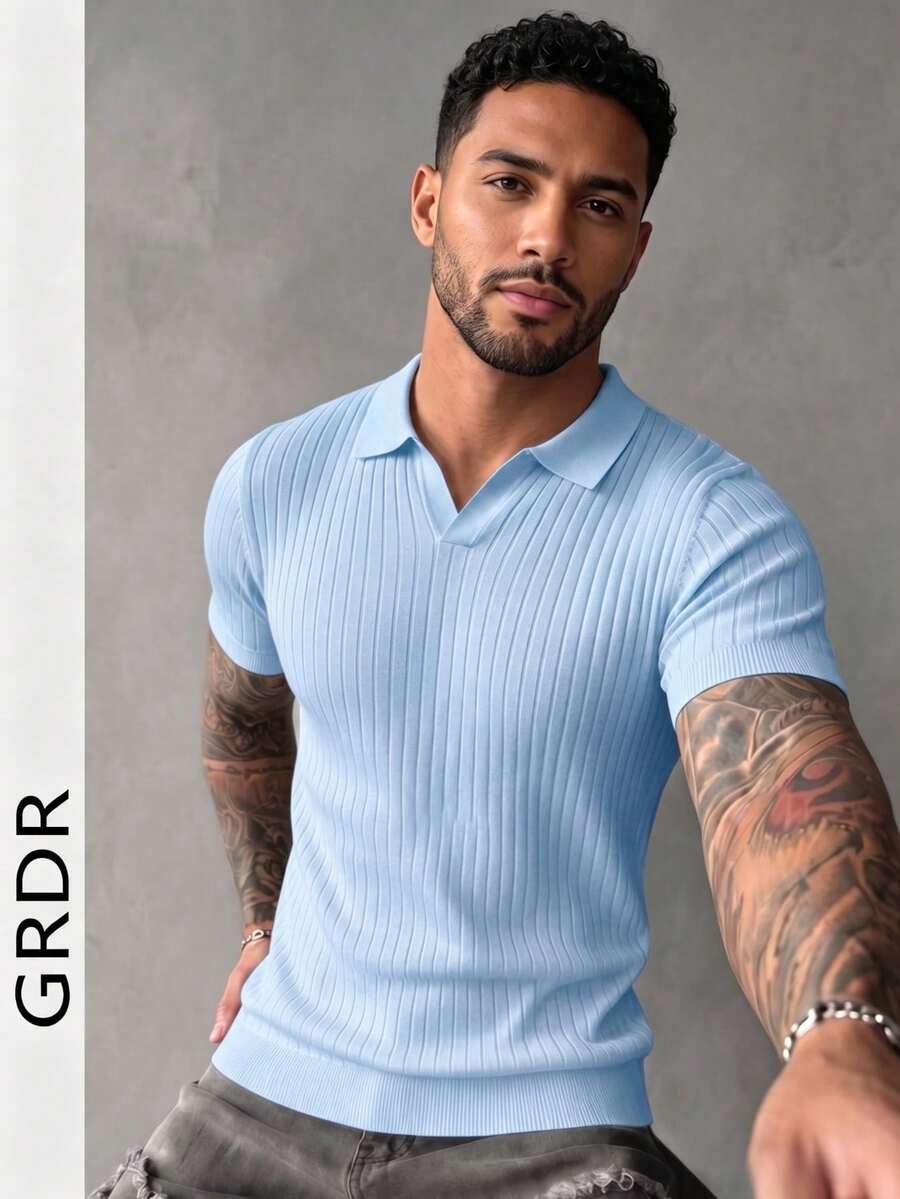 GRDR Men's Summer Airplane Collar Ribbed Solid Color Short Sleeve Knit Sweater, Suitable For Summer Outings, Essential For Fashionable Styling