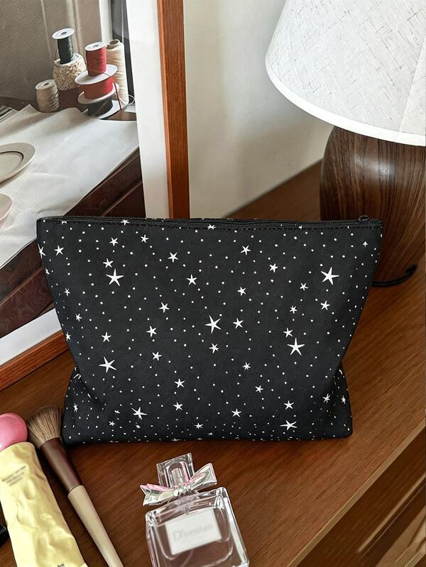 Shiny Star Pattern Women's Makeup Bag, Portable Travel Cosmetic Bag, Zippered Toiletry Storage Bag, Multi-Functional Skincare Organizer, Suitable For Storing Lipstick, Phone, Keys, Makeup Brushes, Sanitary Pads, Nail Care Products, Nail Polish, Skincare Products, Toiletries, School Supplies, Etc., Ideal Gift For Girlfriend, Best Friend, Mom, Teacher, Nurse, Summer Essential, Back To School Necessity