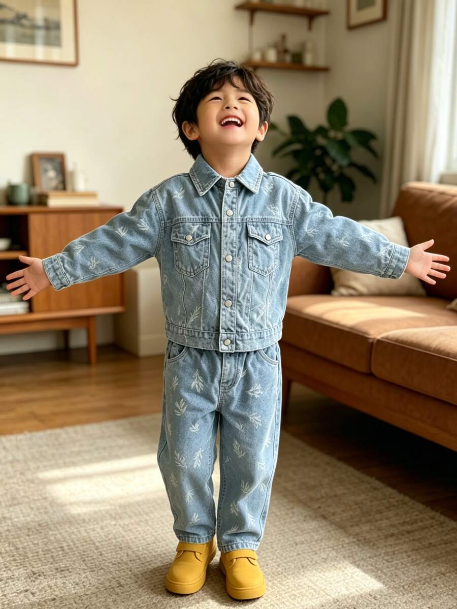 男童幼兒秋季牛仔夾克與長褲2件套，適合日常、學校、戶外、休閒穿著