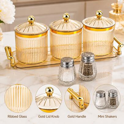 6Pcs Kitchen Storage Set, 3 Sealed Coffee Bean Jars With Tray + 2 Powder Shaker Bottles, Countertop Condiment Organizer For Home, Picnic & Outdoor Use