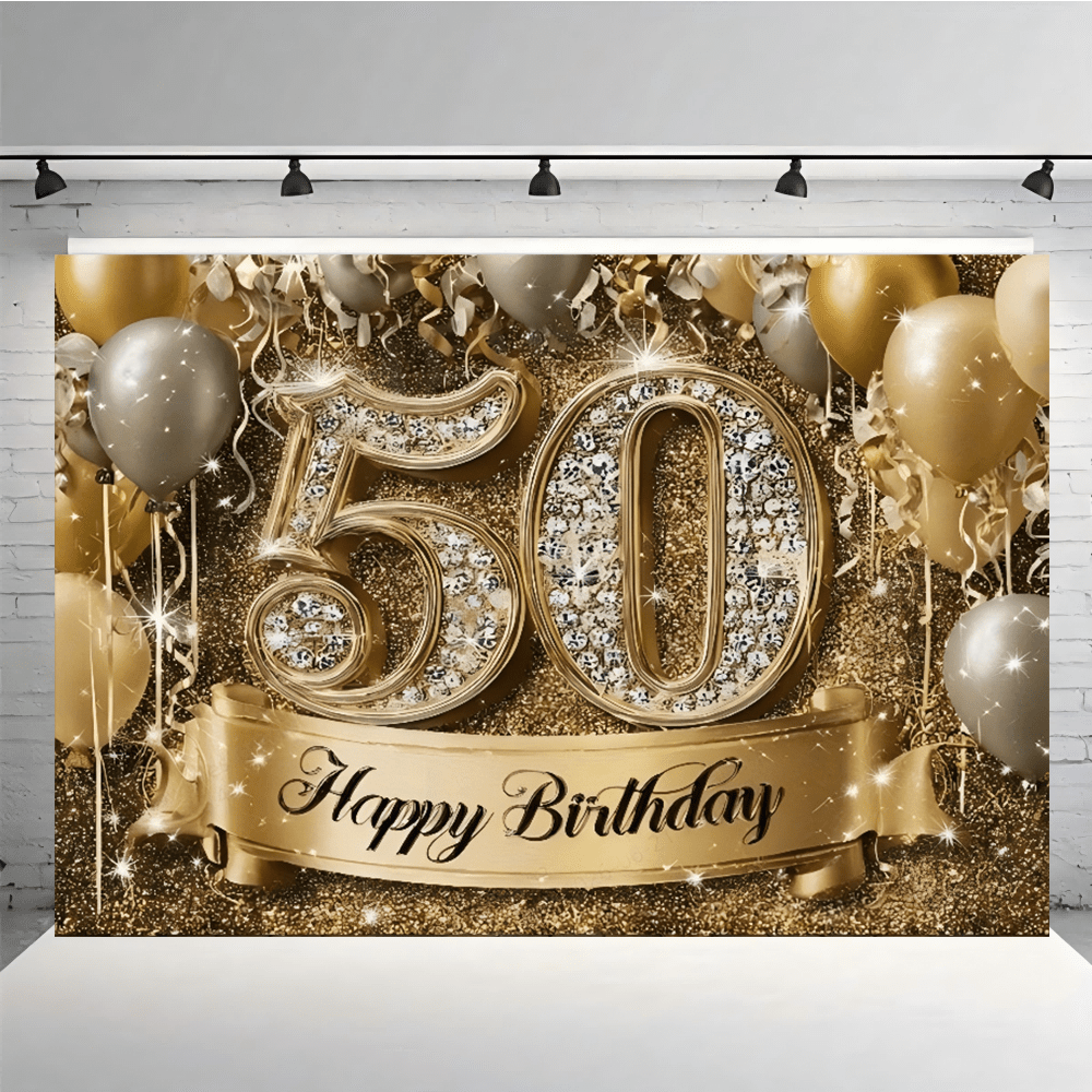 1件 50歲生日派對背景布幔－聚酯纖維材質，黑色與金色亮片氣球設計，適用於50週年慶祝－多功能攝影背景，室內外裝飾