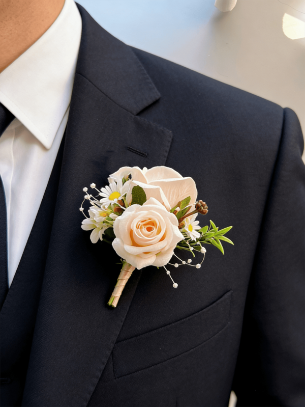 1pc/6pcs Artificial Champagne Rose Flower Groom Boutonniere Man Brother Corsage Graduate Pin Suit Wedding Flowers Party Deocration