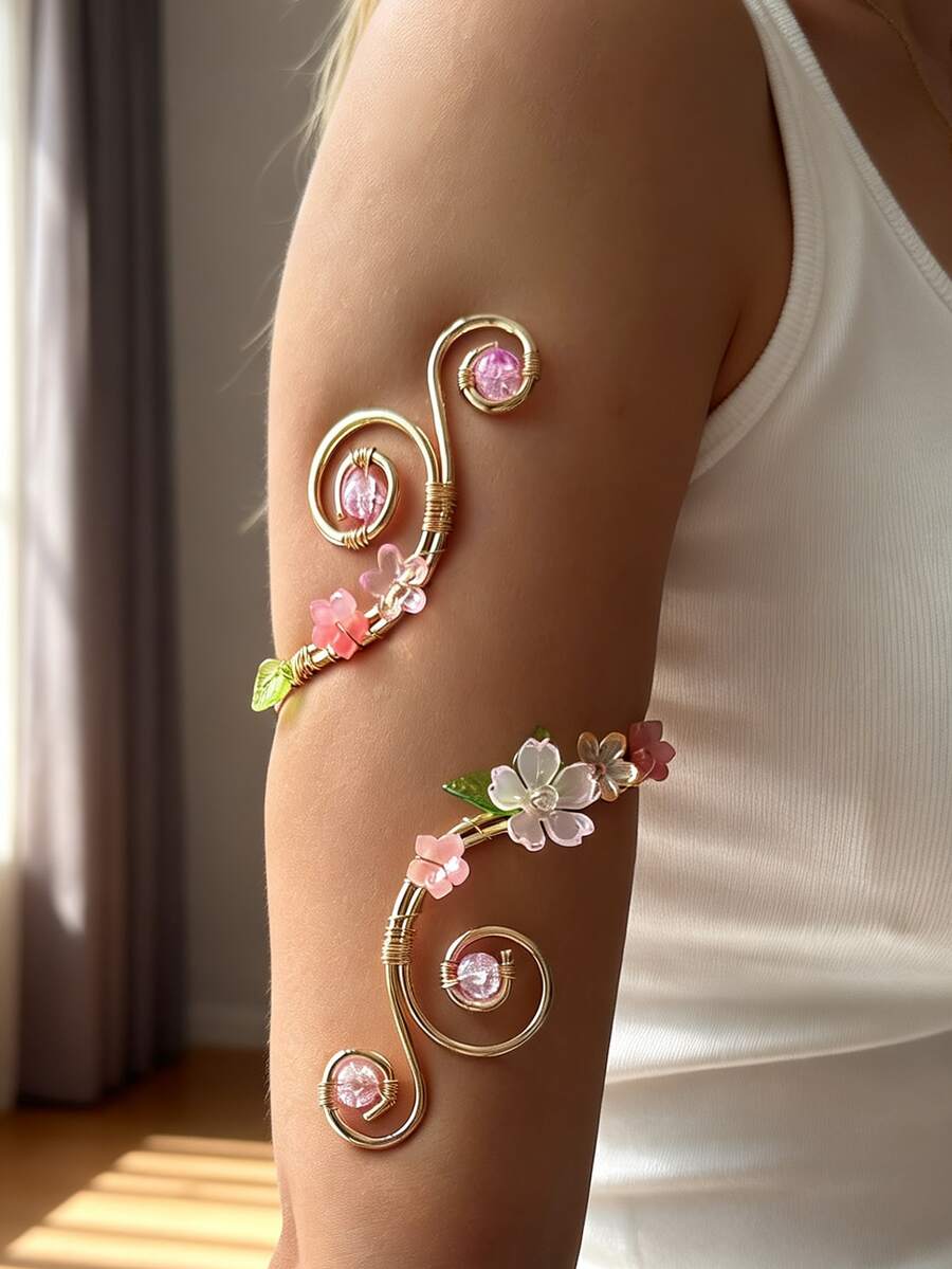 1件波希米亞風海灘花卉手臂飾品，可調節金色手臂配件，附粉色花朵與綠葉吊墜，夏季度假女性手臂珠寶 - 金黃色 - 查看 1