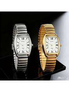Women's Vintage Business Casual Quartz Watch - Elegant Barrel-Shaped Dial, Elastic Band, Minimalist Fashion Wristwatch For Daily Office & Daily Wear - 金色 - 查看 10