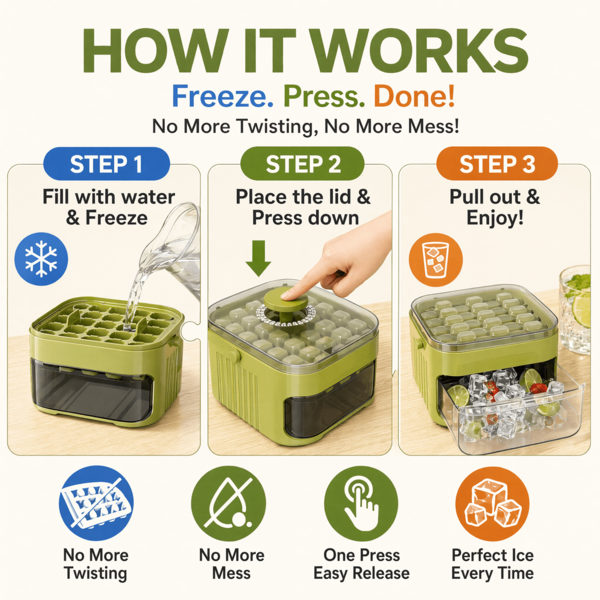 Ice Cube Tray With Lid And Bin, One-Press Ice Maker Mold 50 PCS Capacity, Portable 2-Tier Ice Storage Box With Scoop And Handle For Coffee, Cocktails, Freezer