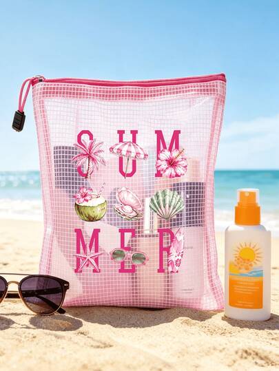 "Summer" Letter Print Fashionable Waterproof PVC Beach Bag, Coconut Shell & Pearl Pattern Print - A4 Size, Transparent Makeup Bag With Nylon Zipper, Ideal For Swimming, Diving And Summer Vacation - Lightweight, Suitable For All Ages And Genders, Beach Bag Accessory, Travel Essential, Holiday Essential, Holiday Travel Bag