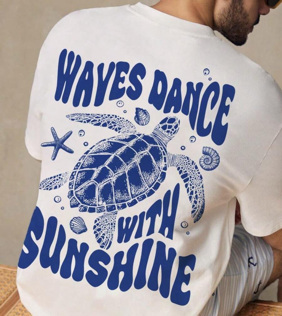HIMLAND Camiseta de manga corta de cuello redondo con estampado de letra y tortuga marina, de uso casual y versátil para uso diario - Blanco - Ver 1
