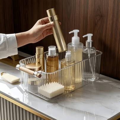 1 Piece Minimalist Vertical Stripe Clear Storage Bin, 3 Sizes Optional With Detachable Wooden Side Handle, Visible Transparent Rectangular Organizer, For Kitchen Pantry Cabinet Bedroom Vanity, Storage Box, Organizer Basket, Sundry Holder, Cosmetic Co