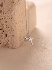 1 pieza Collar elegante con doble colgante de corazón y cruz, collar de corazón de acero inoxidable chapado en oro de 18K, joyería de boda en oro/plata, collar de corazón delicado para mujeres, regalo del Día de San Valentín, regalo de Pascua, regalo para amigos, joyería para adolescentes, resistente al agua y a la decoloración - Multicolor - Ver 4
