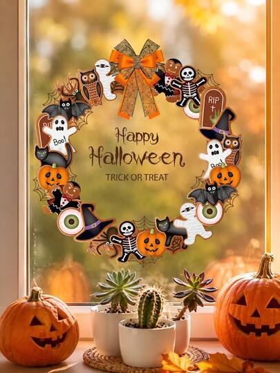 1pc Halloween Wreath Window Decal Decoration, Pumpkin, Ghost, Bat, Black Cat, Skeleton, Mummy, Spider Web, Witch Hat, Tombstone Pattern Holiday Glass Sticker, With Happy Halloween And Trick Or Treat Elements, Suitable For Halloween Party, Window Decoration, Entrance Hall, Living Room, Store Window, Haunted House Theme Decor, Family Gathering, Photo Backdrop, Holiday Scene Decoration, Autumn Orange And Black Color Scheme With Strong Atmosphere, Can Be Paired With Pumpkin Lantern, Candle, Skeleton Ornament, Halloween Decoration Supplies, Party Backdrop Sticker