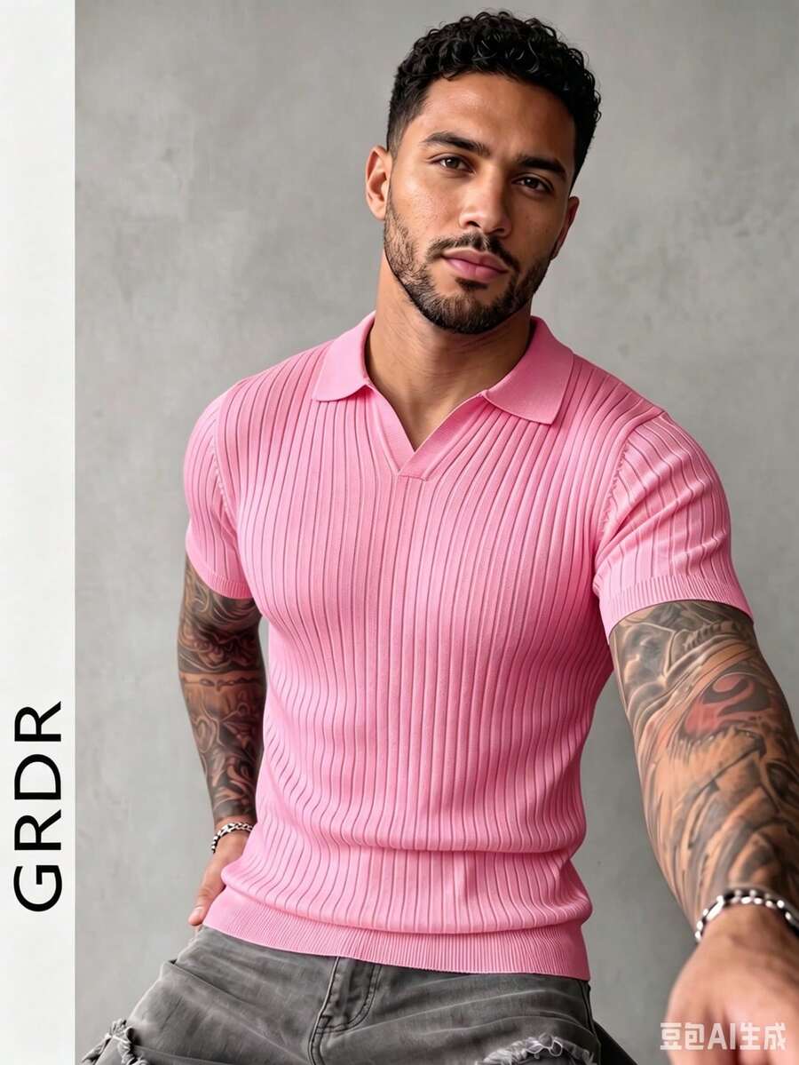 GRDR Men's Summer Airplane Collar Ribbed Solid Color Short Sleeve Knit Sweater, Suitable For Summer Outings, Essential For Fashionable Styling