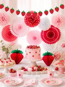 1 Set 22pcs Strawberry Theme Paper Party Decorations, Including Strawberry Hanging Decor And Backdrop, Suitable For Birthday Party, Holiday Celebration, Dessert Table And Summer Party Decoration - Strawberry Theme - View 7