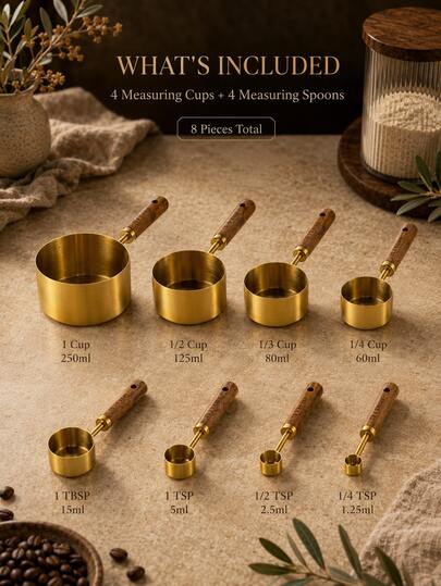 Juego de 8 tazas y cucharas medidoras doradas, utensilios de cocina de acero inoxidable con mangos de madera, diseño apilable resistente, marcas de tamaño claras, bonitas herramientas de repostería estéticas para cocinar, café, especias e ingredientes secos.