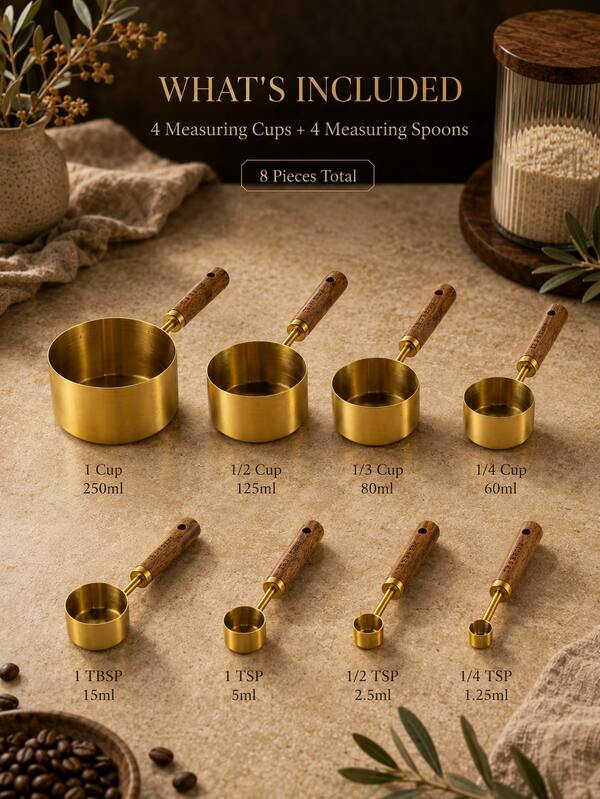 8Pcs Gold Measuring Cups And Spoons Set, Stainless Steel Kitchen Measuring Tools With Wooden Handles, Sturdy Nesting Design, Clear Size Markings, Pretty Aesthetic Baking Tools For Cooking, Coffee, Spices And Dry Ingredients