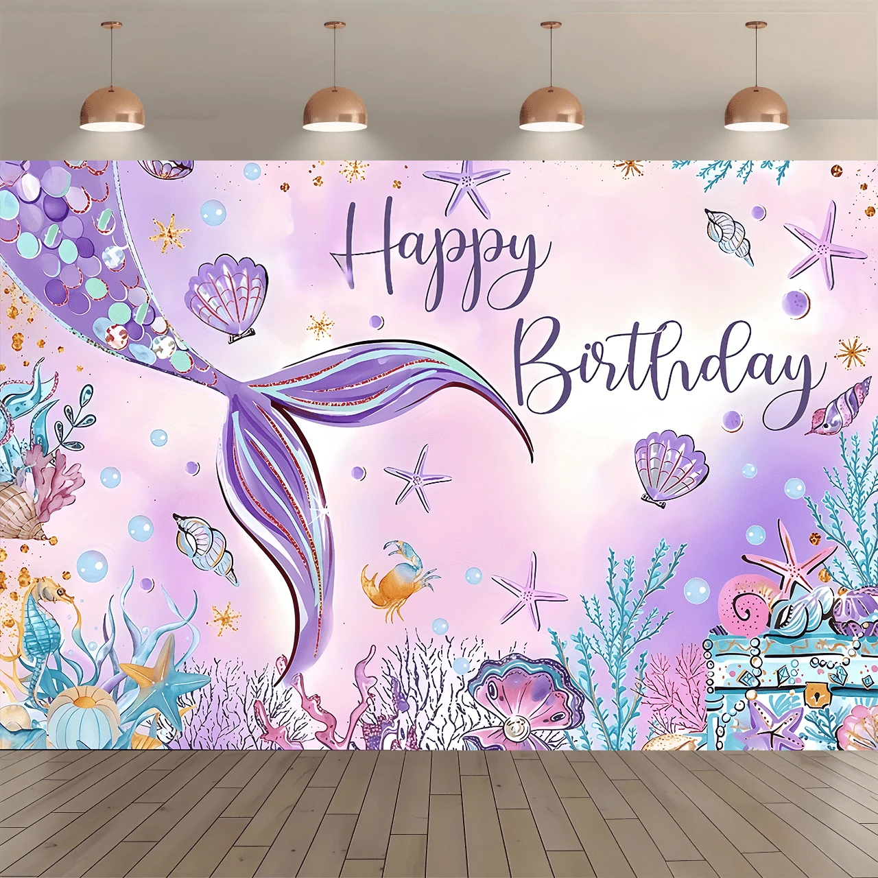 1件美人魚鱗片生日派對背景布，聚酯纖維材質，適用於生日派對裝飾、派對裝飾、生日派對裝飾等