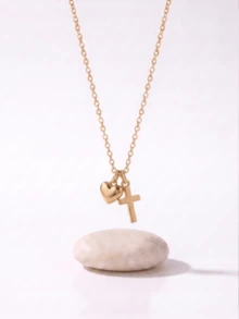 1 pieza Collar elegante con doble colgante de corazón y cruz, collar de corazón de acero inoxidable chapado en oro de 18K, joyería de boda en oro/plata, collar de corazón delicado para mujeres, regalo del Día de San Valentín, regalo de Pascua, regalo para amigos, joyería para adolescentes, resistente al agua y a la decoloración - Multicolor - Ver 5