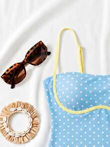 Spring/Summer New Blue White Yellow Polka Dot Elegant Casual Beach Vacation Party Date One-Piece Swimsuit - Multicolor - View 4
