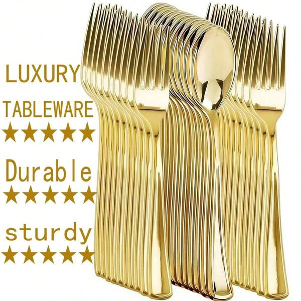 10/25/50/100pcs Gold Reusable Cutlery Set, Includes Dinner Fork, Dinner Spoon, Cake Fork, Dessert Spoon, Salad Fork, Pasta Fork And Soup Spoon, Suitable For Birthday, Wedding, Party, Family Gathering, Team Building, Outdoor BBQ, Camping, Banquet, School Supplies, Graduation Ceremony, Holiday Party And More Occasions.