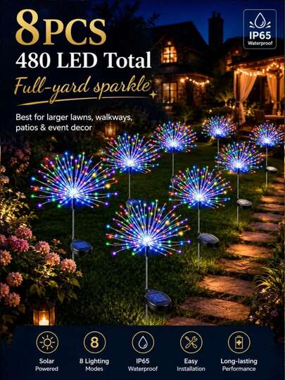 Lámpara solar de exterior con forma de fuegos artificiales, una lámpara LED solar para jardín fabricada con materiales resistentes e impermeables. Esta pequeña lámpara con forma de estrella, llena de color, emite una luz mágica y es ideal para jardines, patios, fiestas y diversas decoraciones festivas.