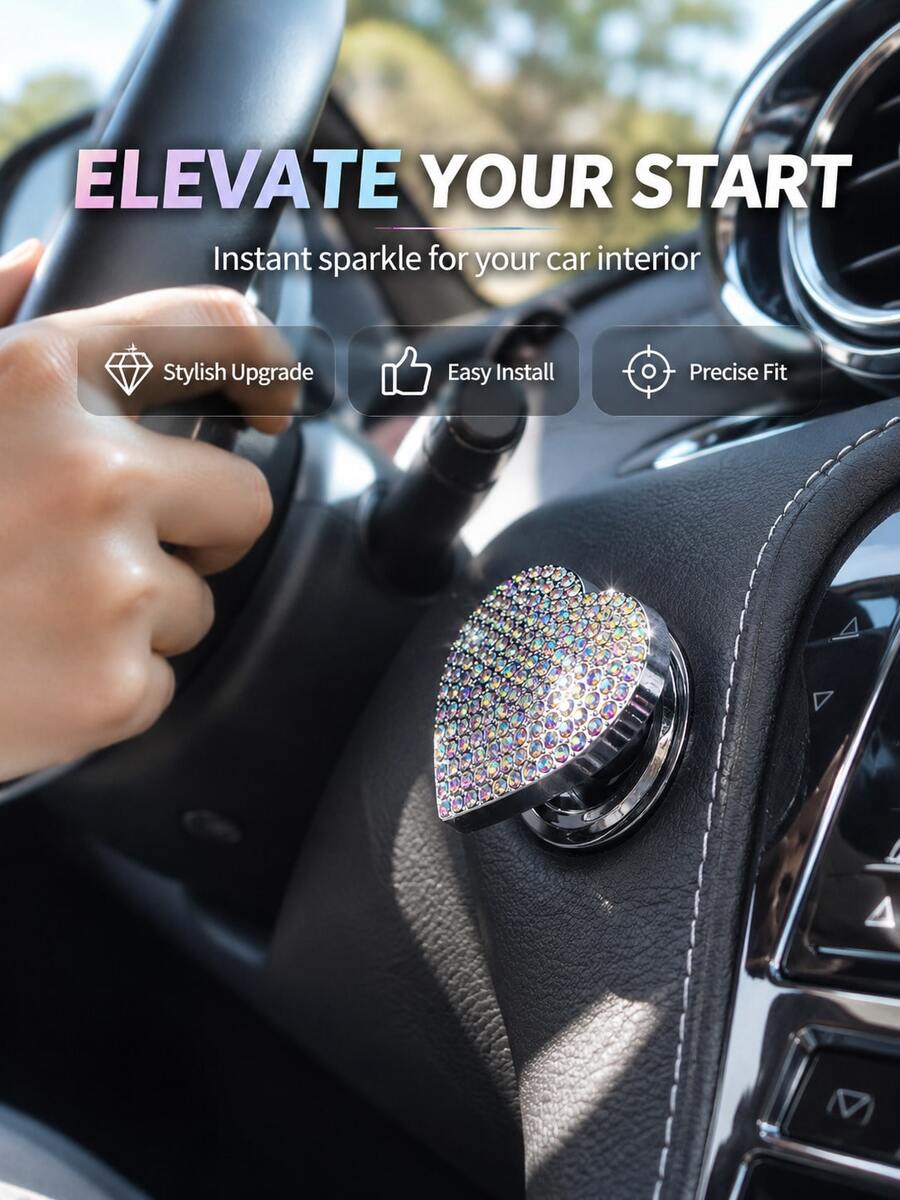 Bling Car Engine Start Button Cover, Heart Crystal Rhinestone Push To Start Button Decoration, Sparkling Diamond Ignition Switch Cover, Universal Car Interior Accessories Decor For Women And Girls, Anti-Scratch Easy Stick-On