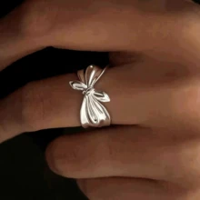 1pc Fashionable Minimalist Silver-Plated Bow Ring, 3D Bow Open Adjustable Ring, Party Jewelry Accessory Gift - Silver - View 2