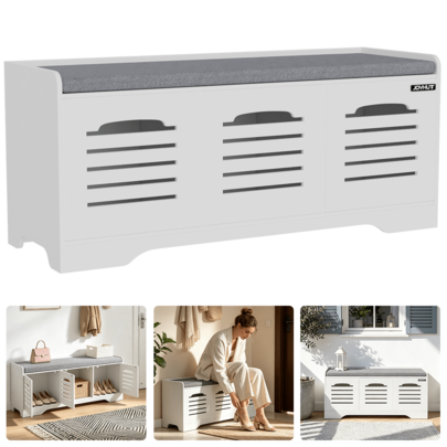 Shoe Storage Bench With Cushioned Seat, 2/3 Flip-Down Compartments Shoe Cabinet Bench, Space Saving Entryway Storage Organizer, Hidden Shoe Rack For Hallway, Bedroom & Living Room, White, Ideal For Families & Small Homes
