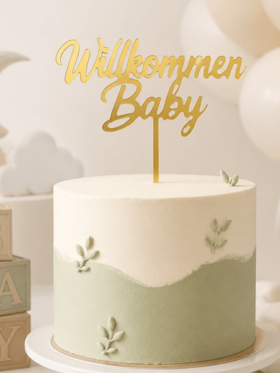 3件組金色鏡面壓克力 Willkommen Baby 蛋糕插牌，優雅流線德文草體分體字母附插棒，蛋糕頂部裝飾，適用嬰兒派對、新生兒歡迎派對，歐式蛋糕裝飾用品